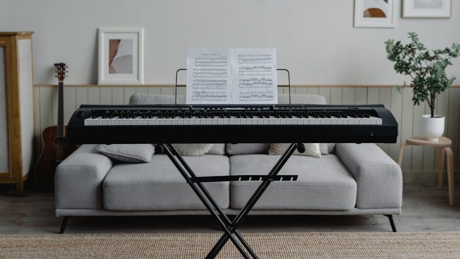 A stylish living room featuring a piano and modern decor, perfect for music enthusiasts.