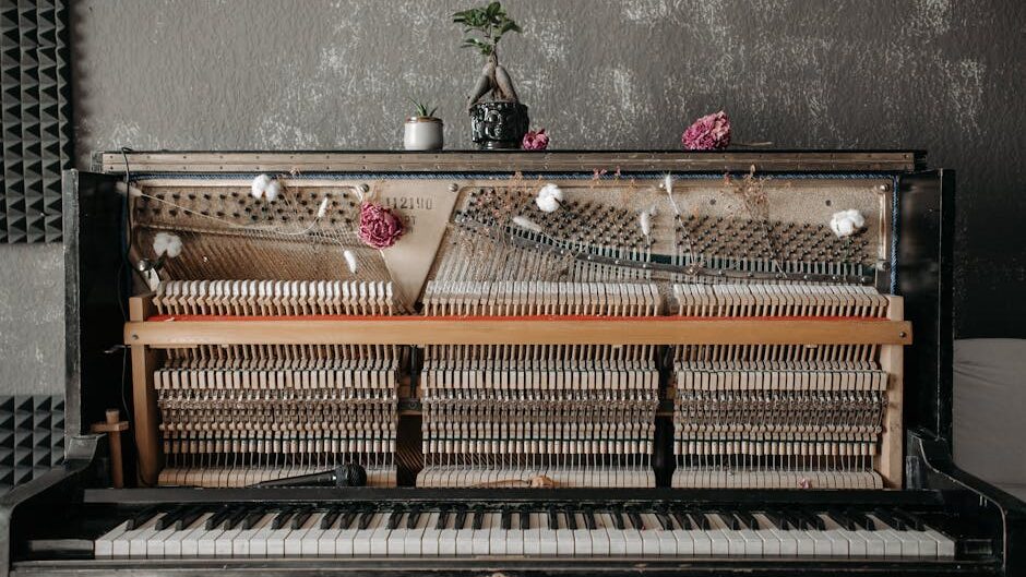 A vintage upright piano with exposed strings, adorned with flowers and a bonsai, in an acoustic studio setting.