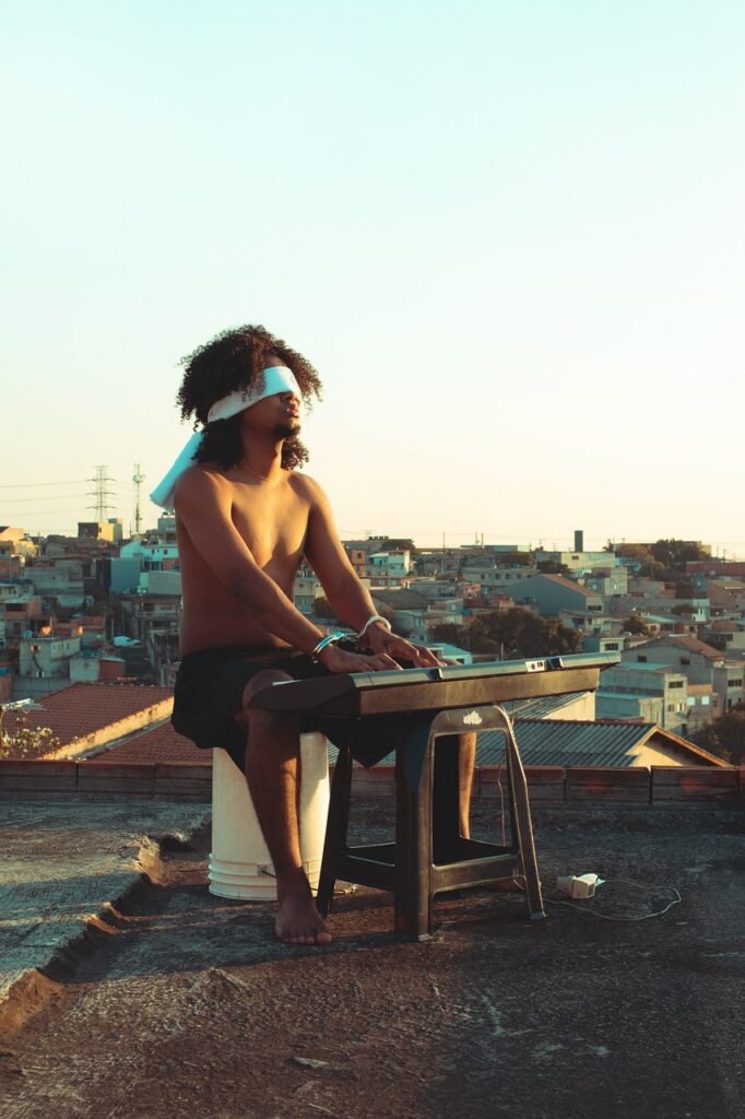 piano keyboard, blindfold, music, musician, afro, piano, instrument, musical instrument, talent, man, rooftop