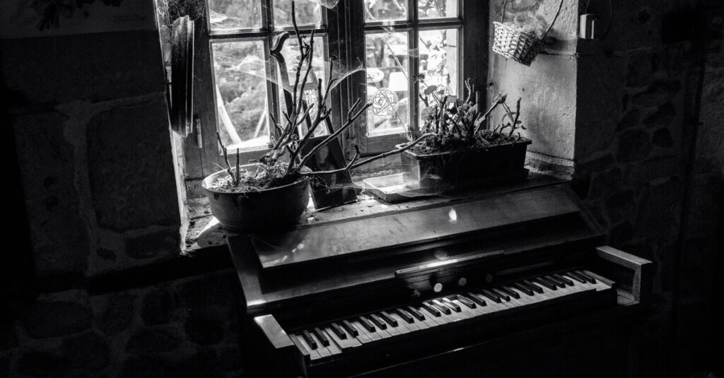 A black and white photo of a vintage piano near a window adorned with potted plants and cobwebs.